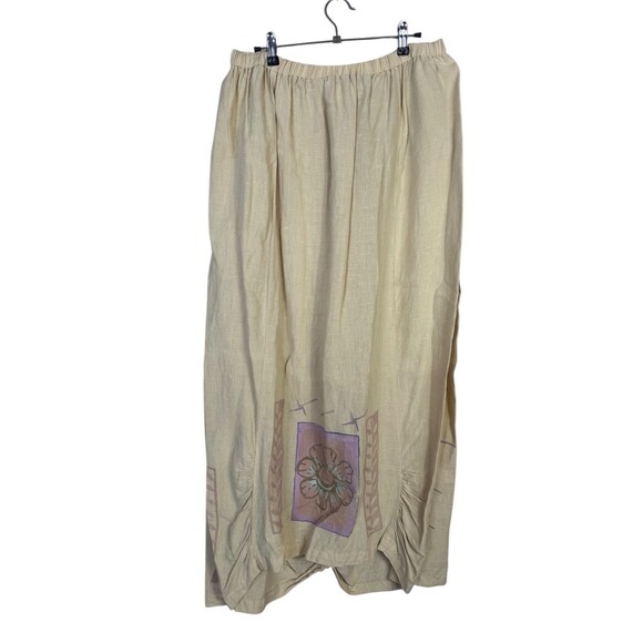 Vintage Blue Fish Yellow Linen Maxi Skirt Ruched Front Hand Painted Lagenlook 2 - Picture 1 of 11